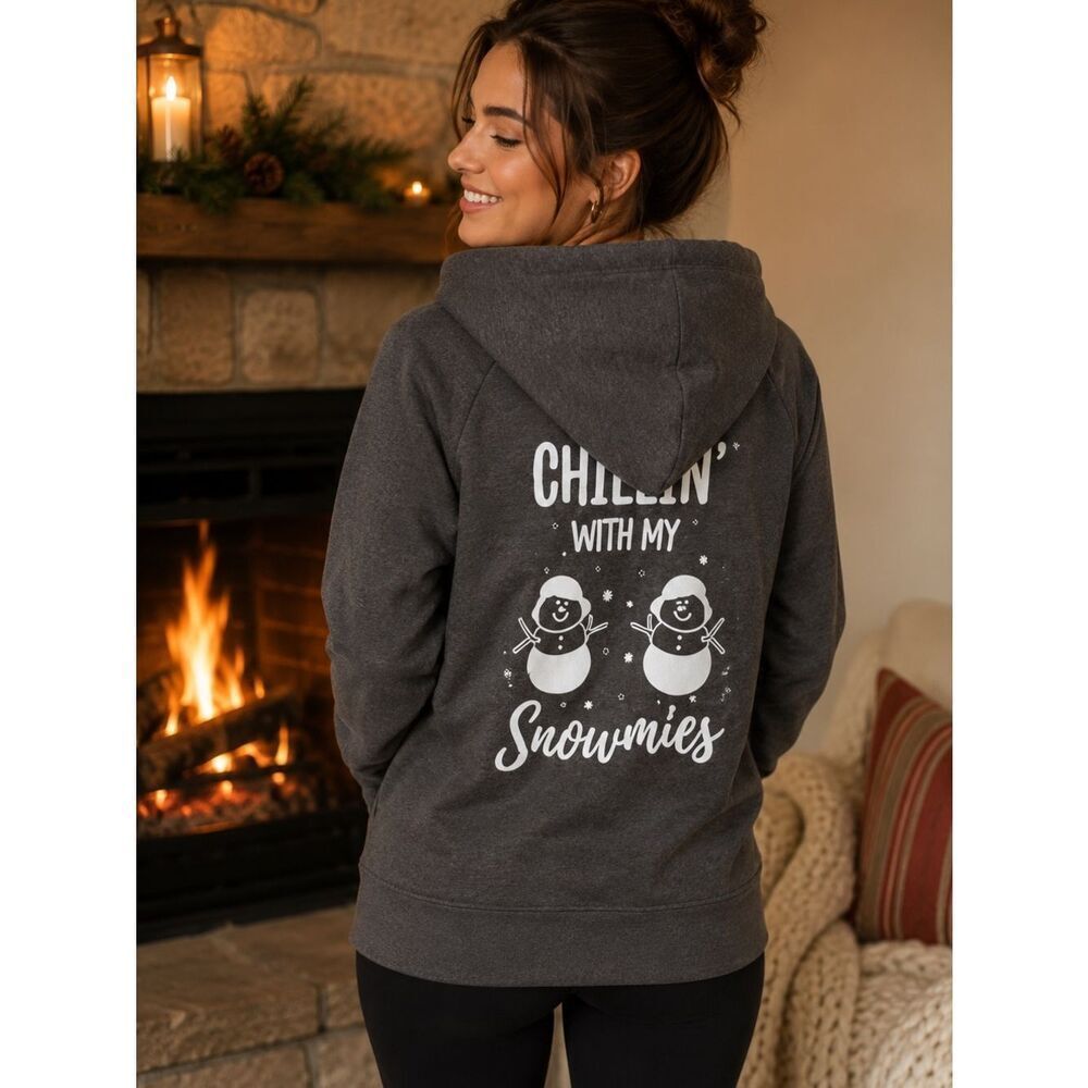 Modcloth Next Level Apparel Gray Zip Up Hoodie Snowman Holiday Design L NWOT